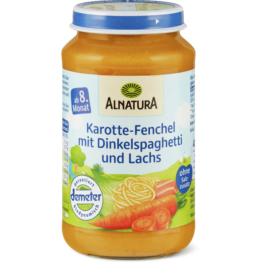 Alnatura Demeter Babygläschen mit Karotte, Fenchel, Dinkelspaghetti & Lachs Ab 8 Monaten