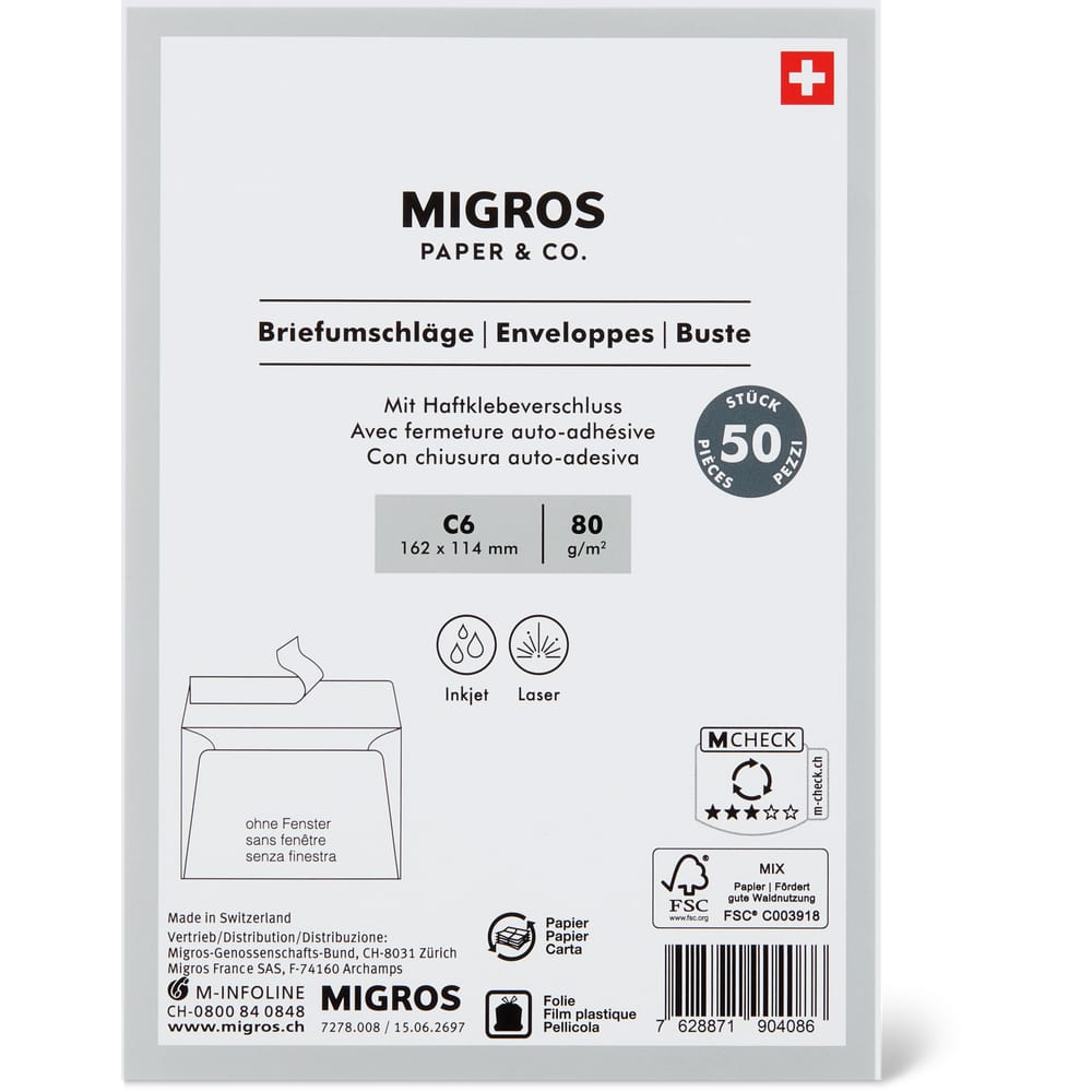 Migros Paper & Co. Briefumschläge C6 Ohne Fenster, mit Haftklebeverschluss