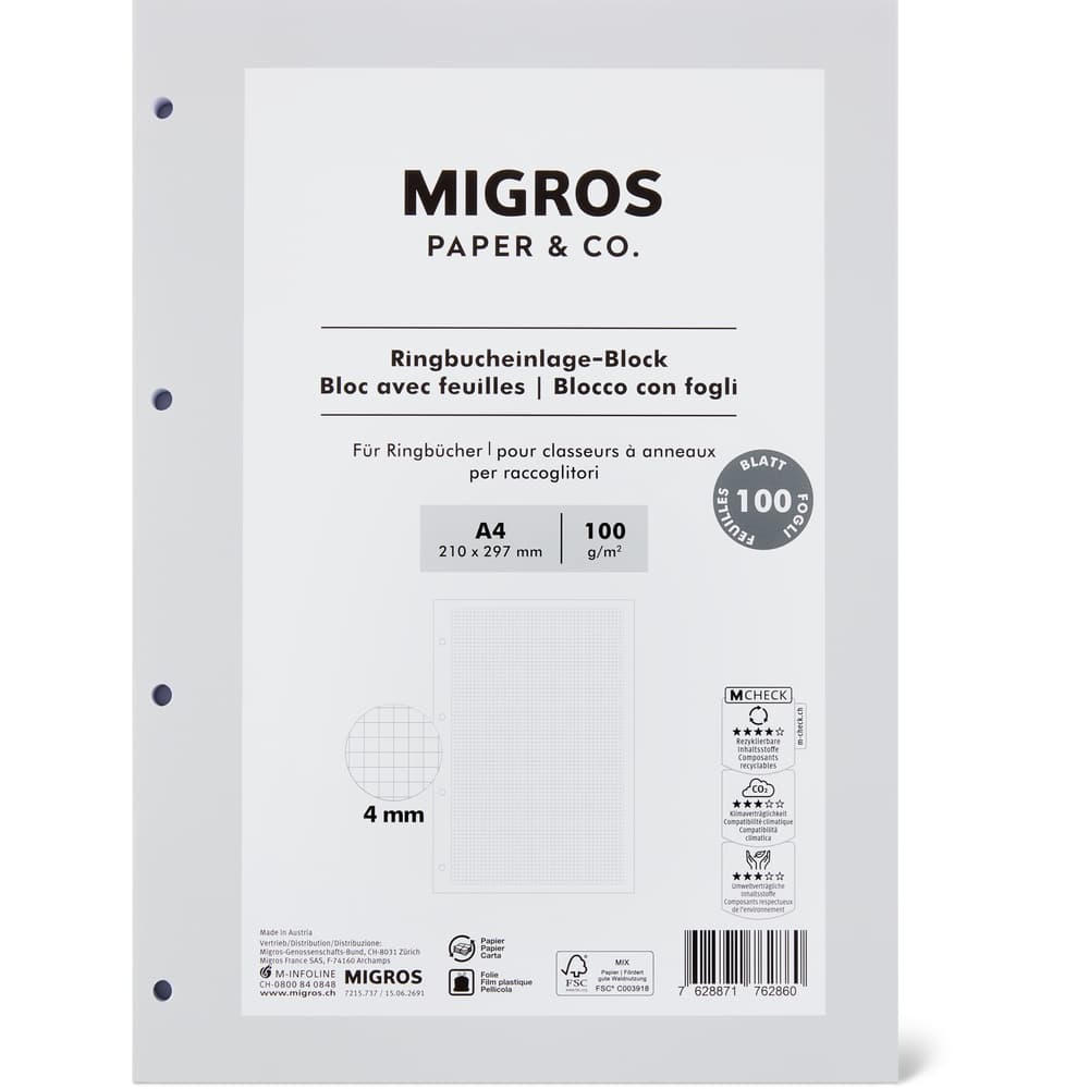 Migros Paper & Co. Einlageblätter-Block für Ringbücher A4 4mm kariert,100 Blätter, 100 g/m2,