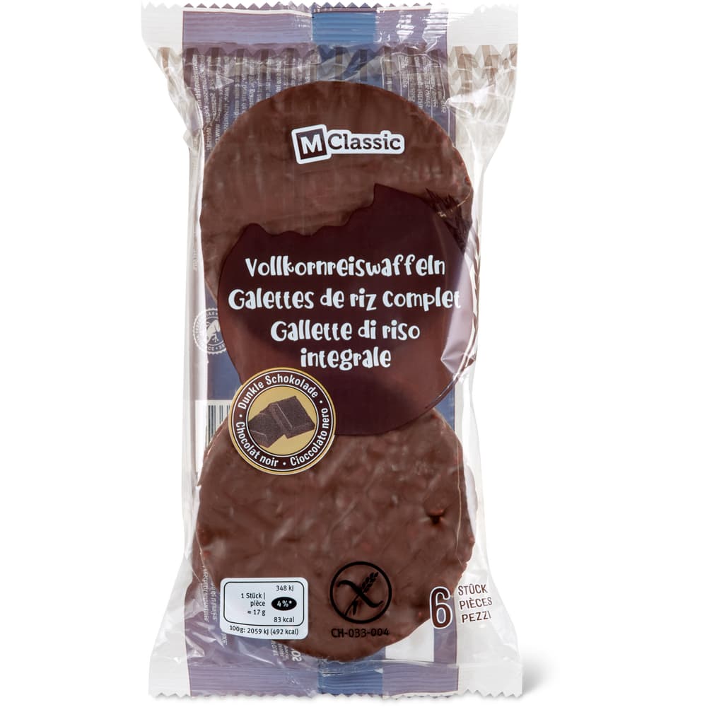 M-Classic Vollkornreiswaffeln mit dunkler Schokolade überzogen