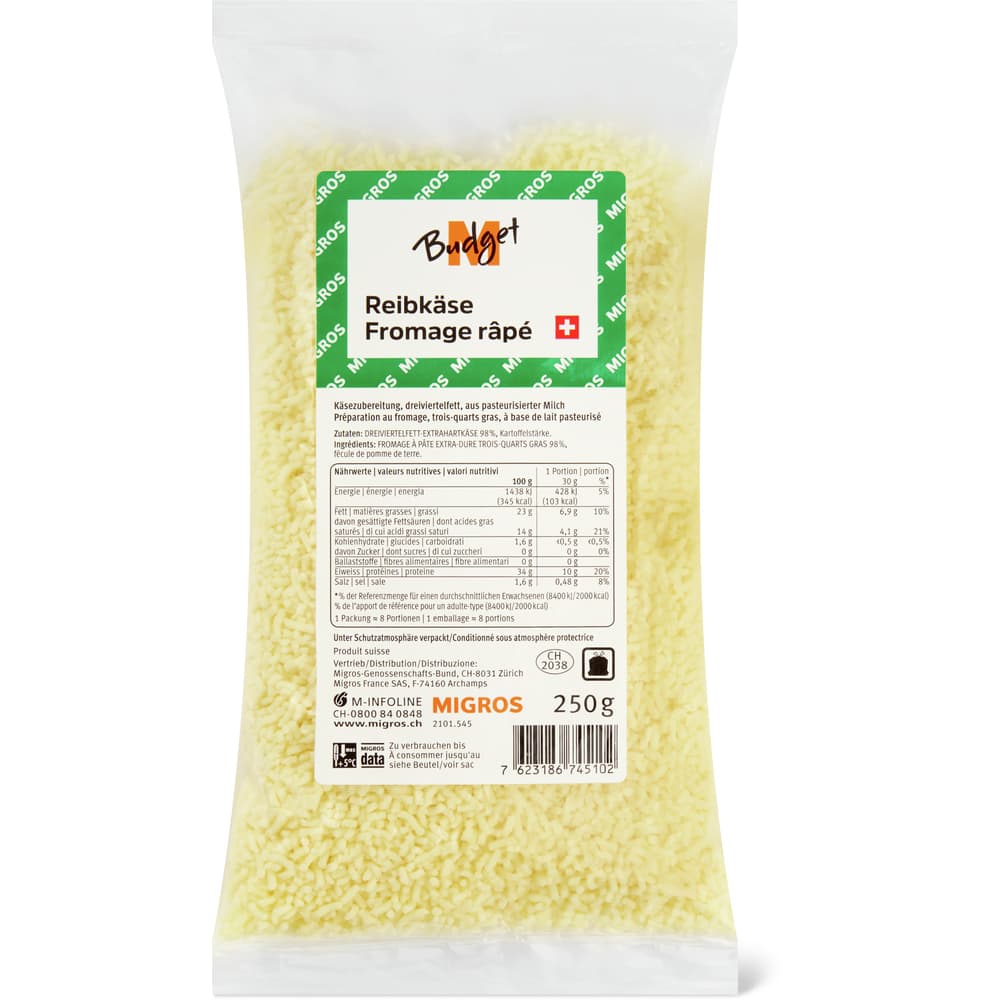 M-Budget Schweizer Hartkäse, 3/4-fett, aus pasteurisierter Milch gerieben