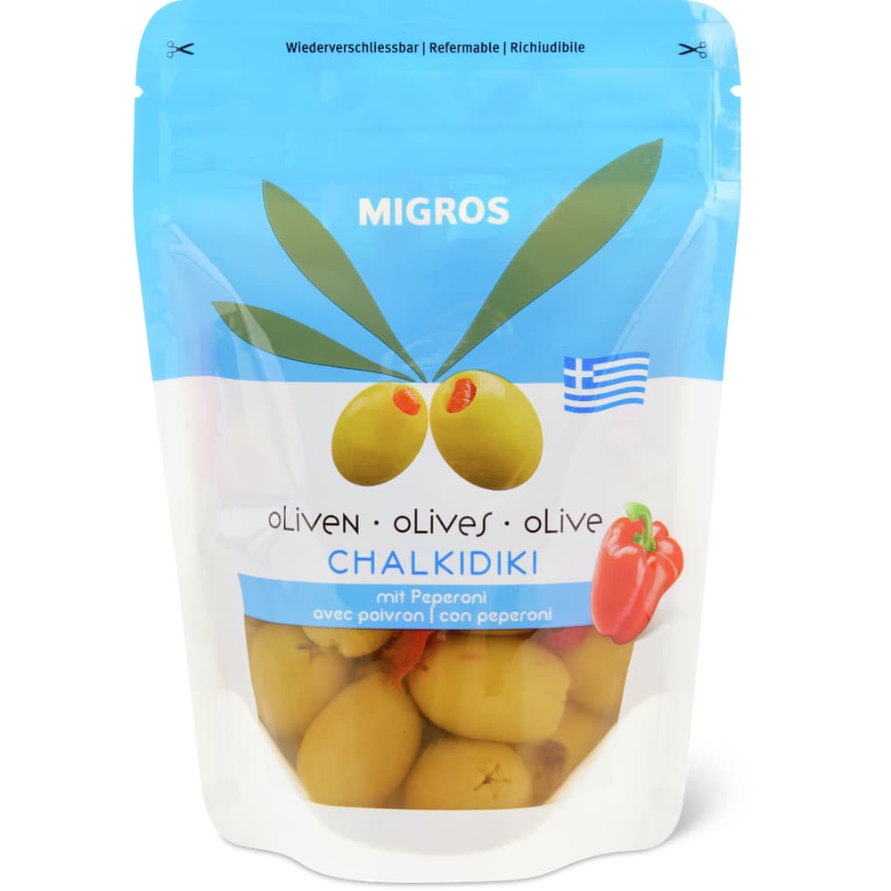 Migros Griechische Oliven Chalkidiki gefüllt mit Peperoni