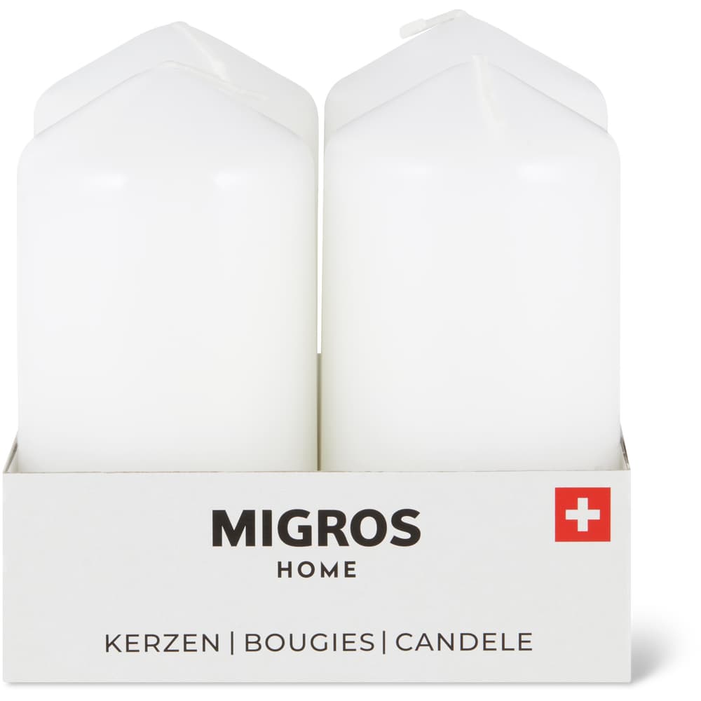 Migros Home Zylinderkerzen weiß, Paraffin, 18h, 100 x 50mm, 4x155g
