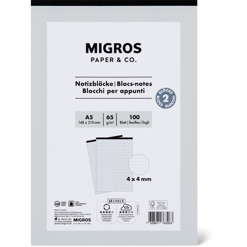 Migros Paper & Co. Notizblöcke A4 4mm kariert, 100 Blätter, 70g/m2
