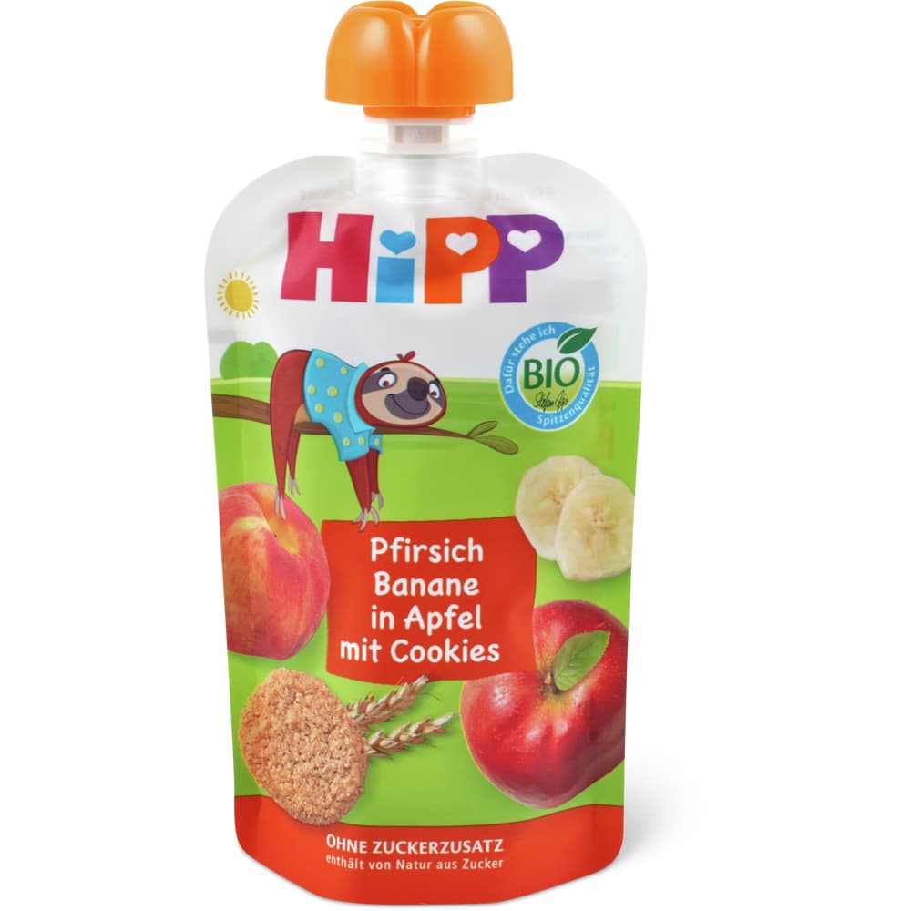 Hipp Quetschbeutel Pfirsich, Banane in Apfel mit Cookies Bio, ab 1 Jahr, ohne Zuckerzusatz