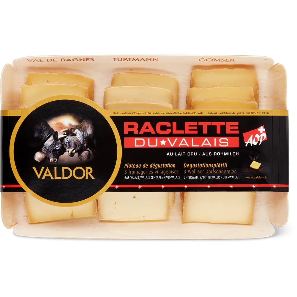 Valdor Raclette du Valais AOP Raclette - Degustationsplättli Val de Bagnes, Turtmann, Orsières / 18 Scheiben
