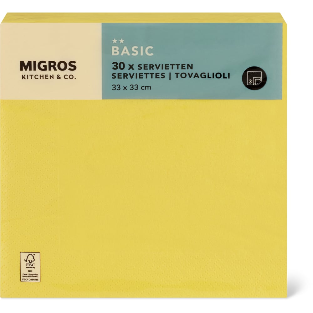 Migros Kitchen & Co. Papierservietten Gelb, 33x33cm