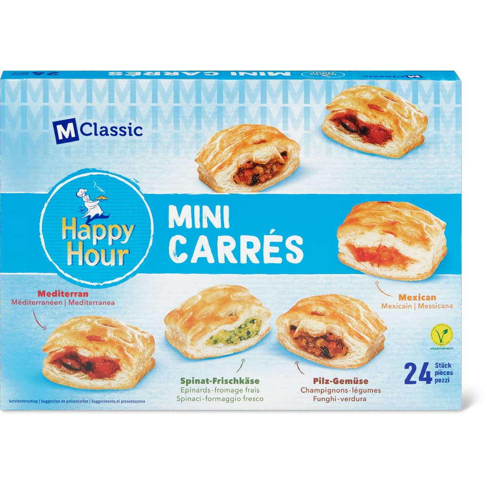 M-Classic Happy Hour Mini carrés mit Spinat und Ricotta, mit mediterraner Füllung, mit Mexican-Füllung und mit Pilzen und Gemüse