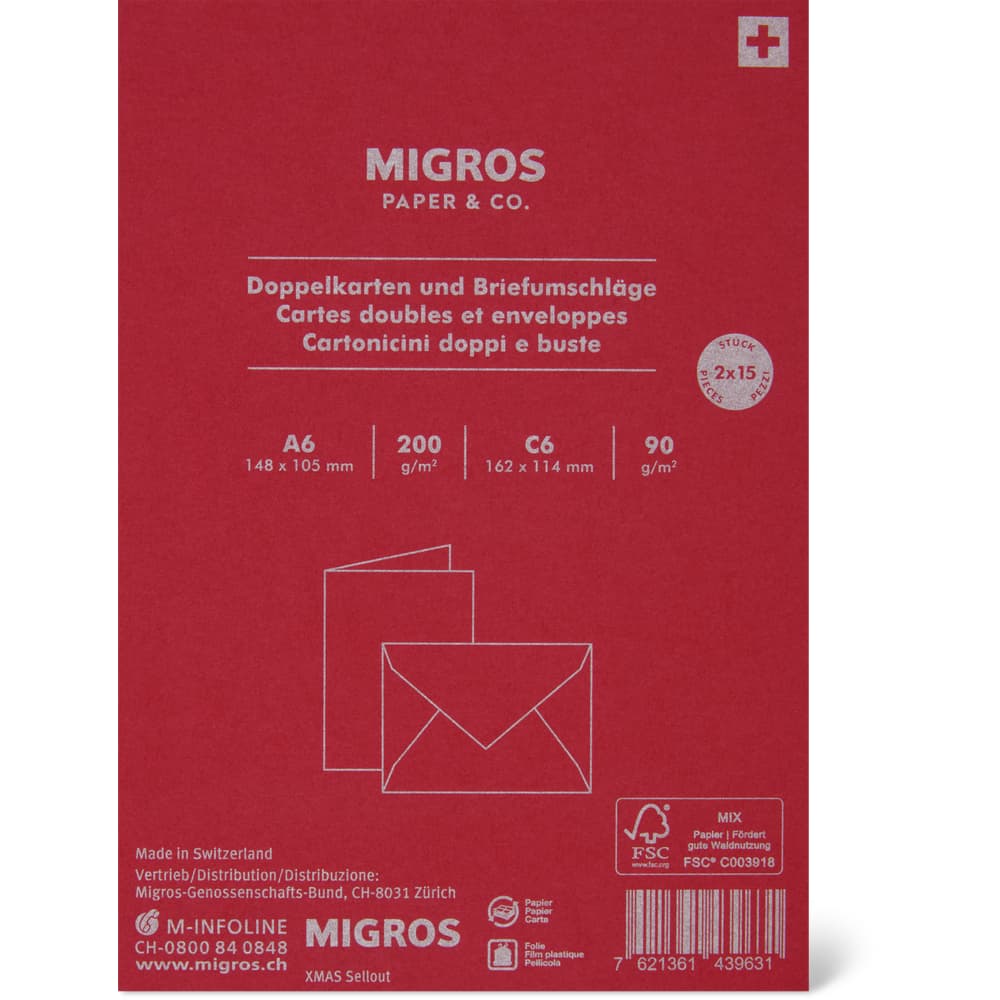 Migros Paper & Co. Bastelkarten A6/C6, Rot, inkl. Couvert