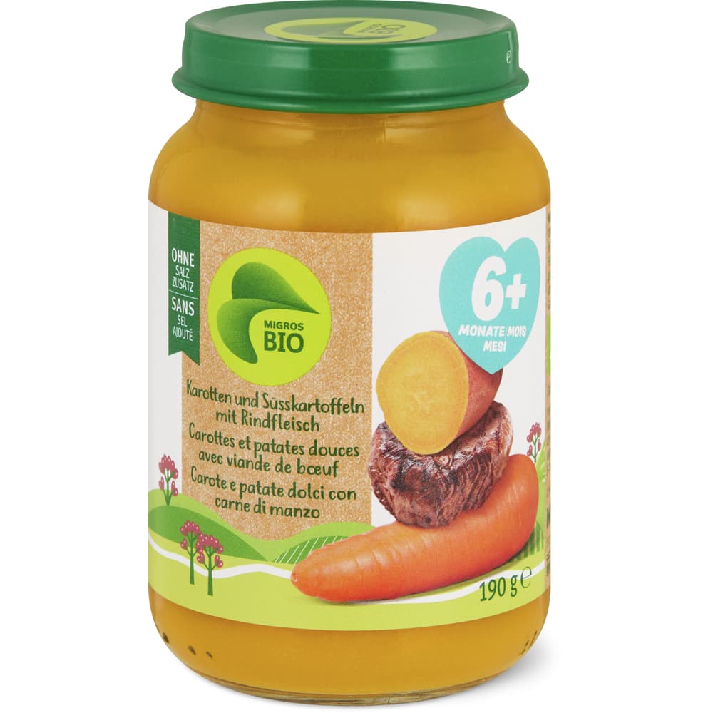 Migros Bio Babygläschen mit Karotten, Süßkartoffeln und Rindfleisch ab 6 Monaten