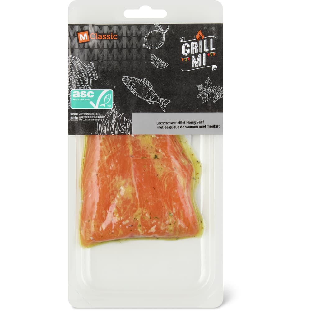 Grill mi Lachsschwanzfilet mit Honig-Senf Marinade