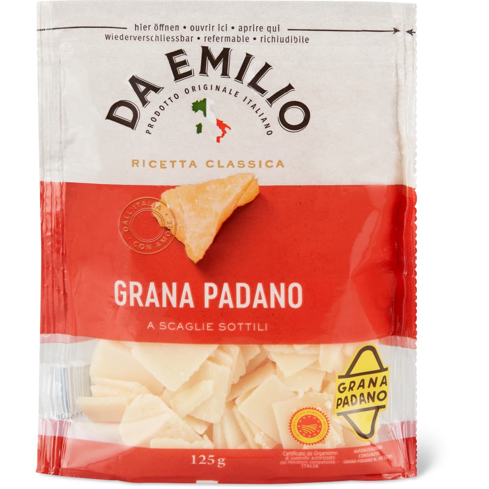 Da Emilio Grana Padano Italienischer Extra-Hartkäse, gerib., 3/4 fett, aus Rohmilch fein gehobelt