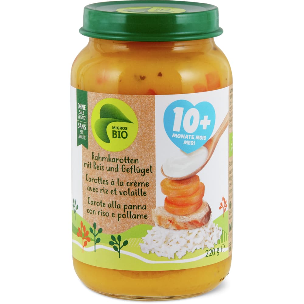 Migros Bio Babygläschen Rahmkarotten mit Reis und Geflügel Ab 10 Monaten