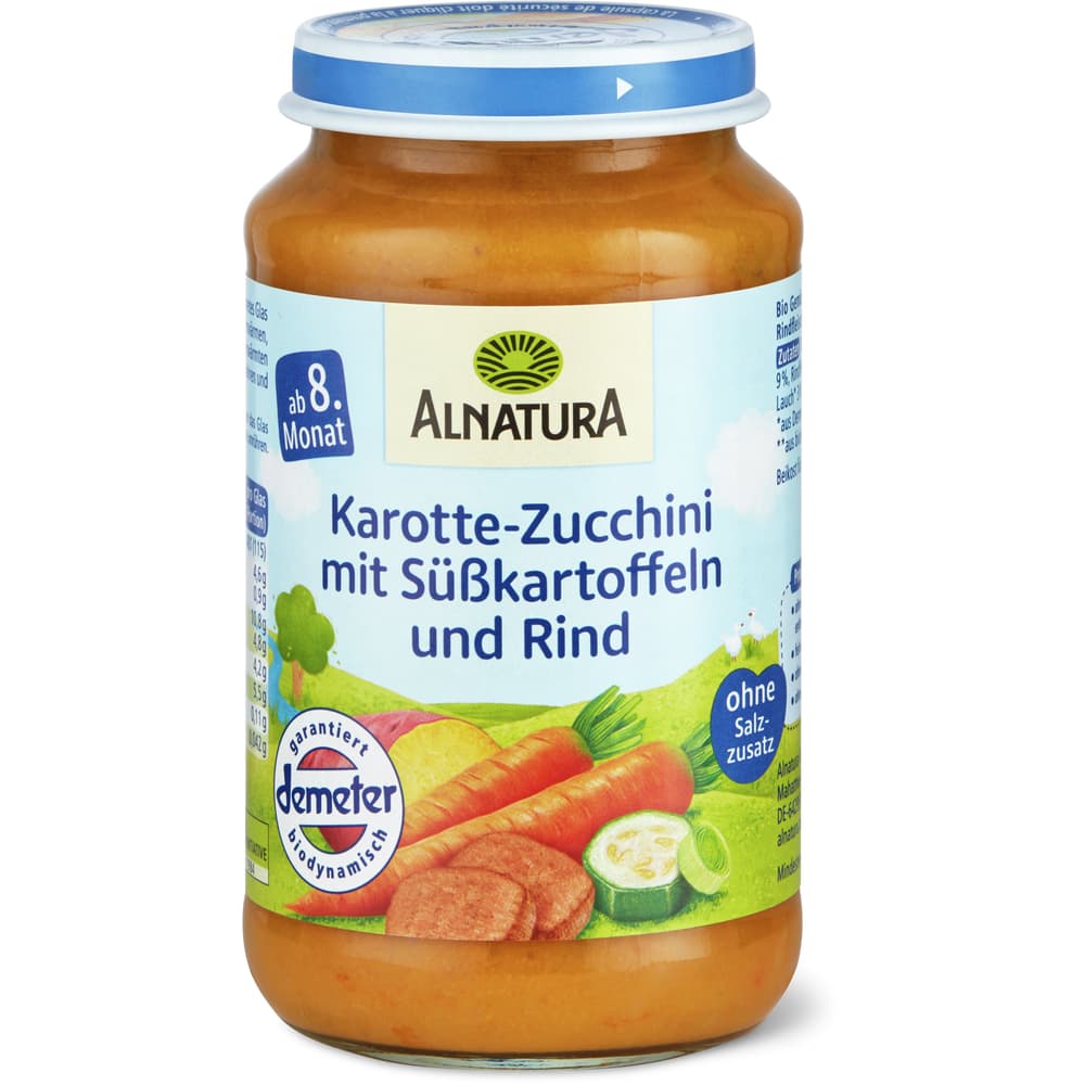 Alnatura Demeter Babygläschen mit Karotten, Zucchini, Süsskartoffeln und Rind Ab 8 Monaten