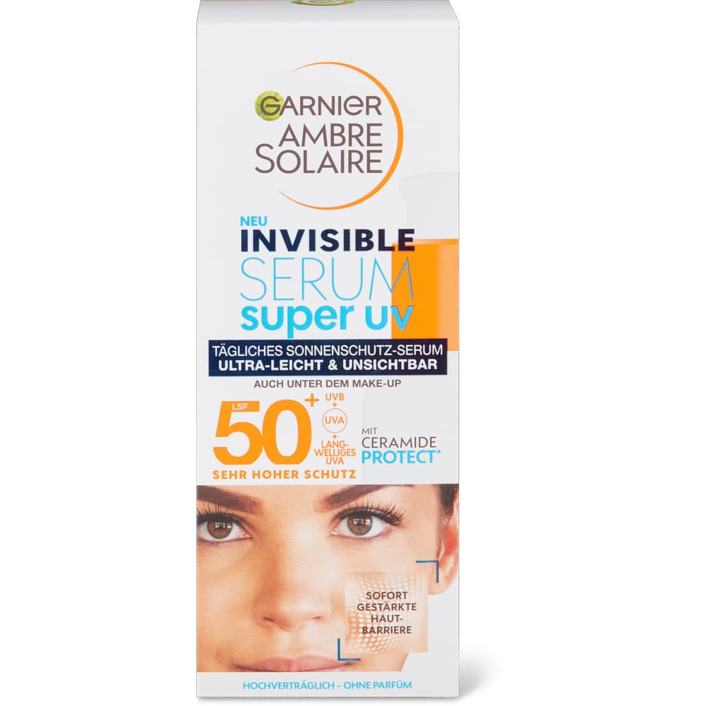 Garnier Ambre Solaire Sonnenschutz für das Gesicht LSF 50+, Invisible Serum Super UV, mit Ceramid