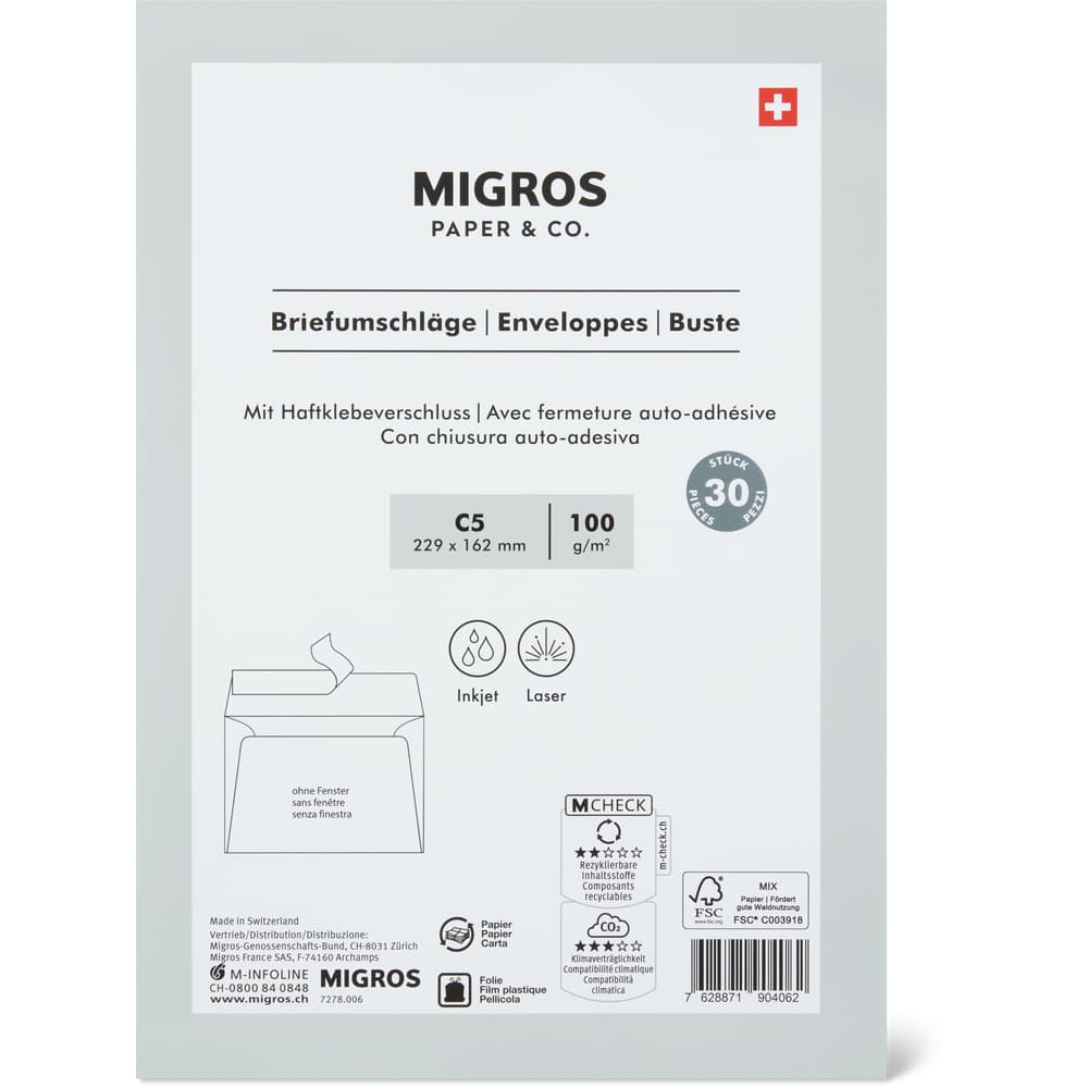 Migros Paper & Co. Briefumschläge C5 Mit Fenster, mit Haftklebeverschluss