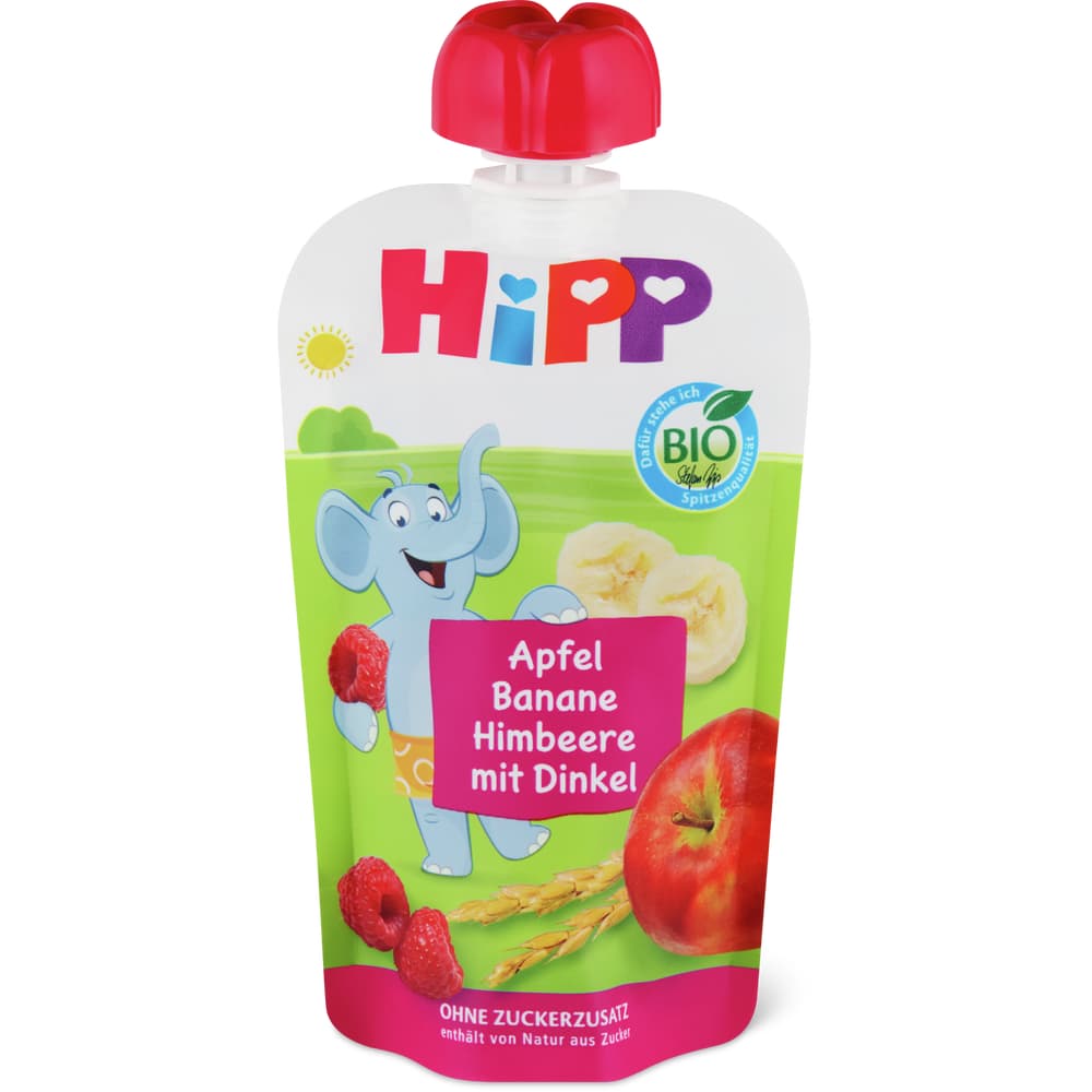 Hipp Quetschbeutel Apfel, Banane, Himbeere mit Dinkel Bio, ab 1 Jahr, ohne Zuckerzusatz