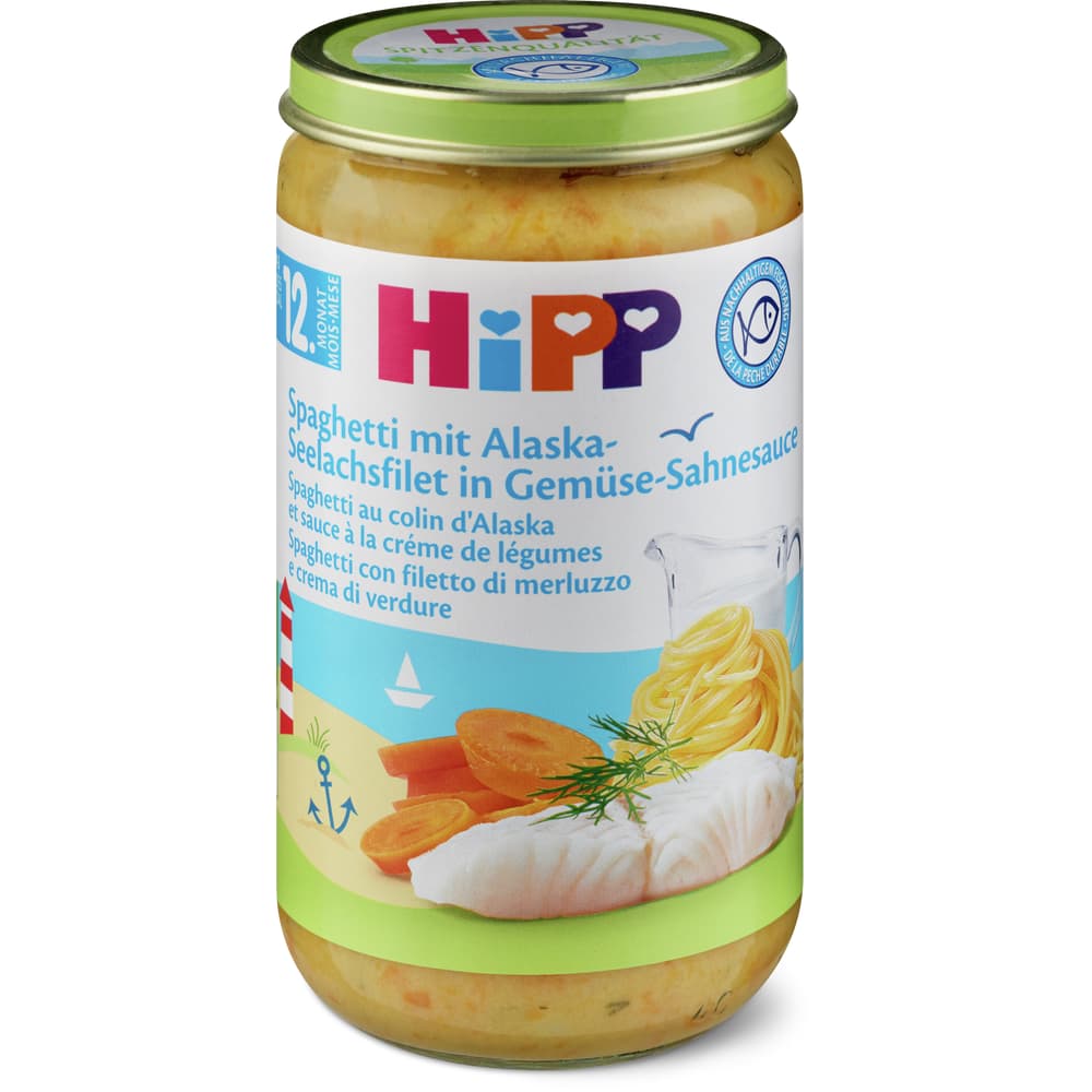 HiPP Bio Babygläschen mit Alaska-Seelachsfilet Spaghetti in Gemüse-Sahnesauce Ab 12 Monaten