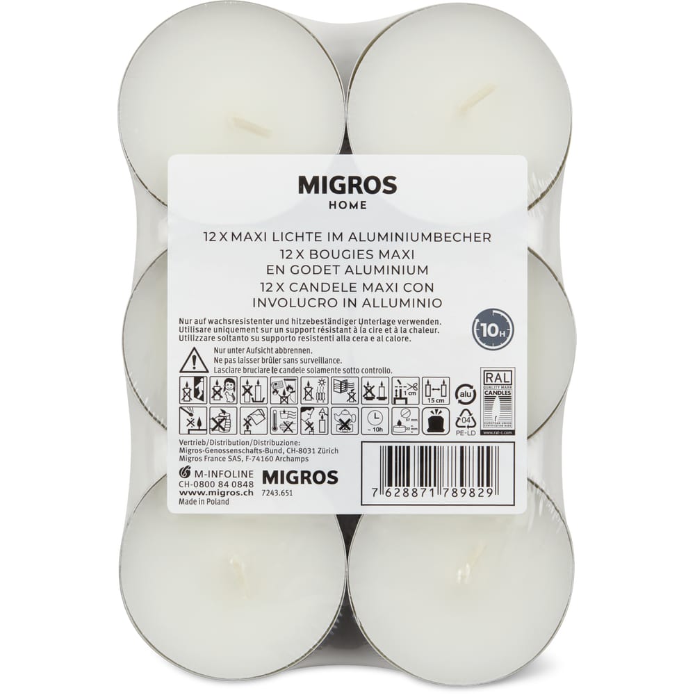 Migros Home Rechaud-Kerzen Maxi, Brenndauer: 10 Stunde, rapswachs, 12x51g