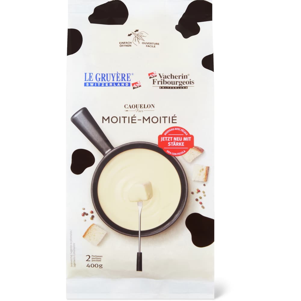 Caquelon noir Fondue Moitié-Moitié 50% freiburger Vacherin und 50% Greyerzer