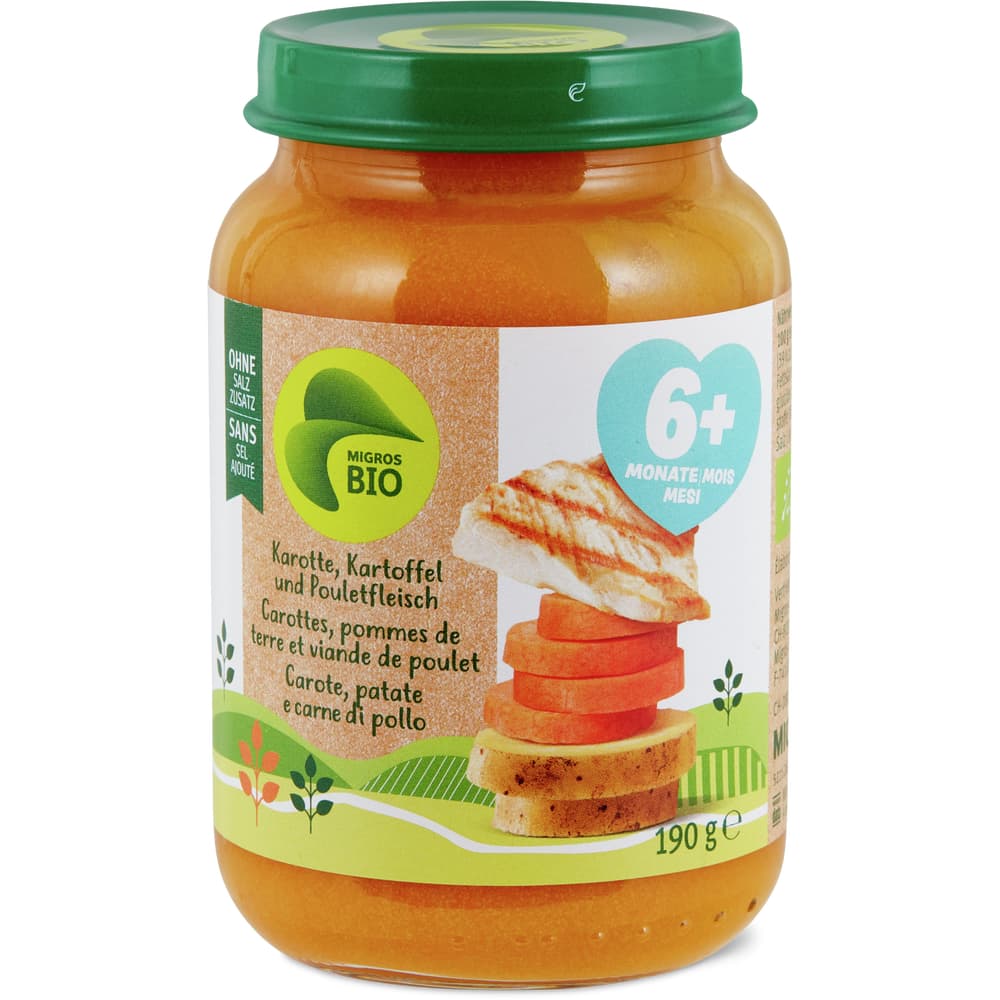 Migros Bio Babygläschen mit Karottenpüree, Kartoffeln und Bio-Pouletfleisch Ab 6 Monaten