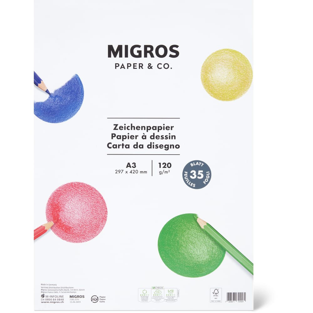 Migros Paper & Co. Zeichenpapier A3, 297 x 420mm, 120g/m2