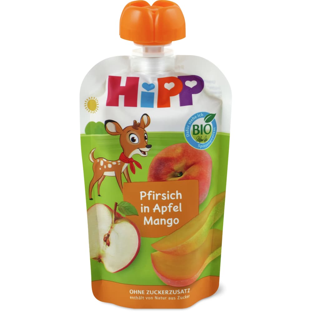 Hipp Quetschbeutel Pfirsich in Apfel, Mango Bio, ohne Zuckerzusatz