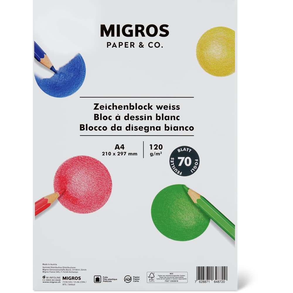 Migros Paper & Co. Zeichenblock A4, weiss, 120 g, 70 Blatt