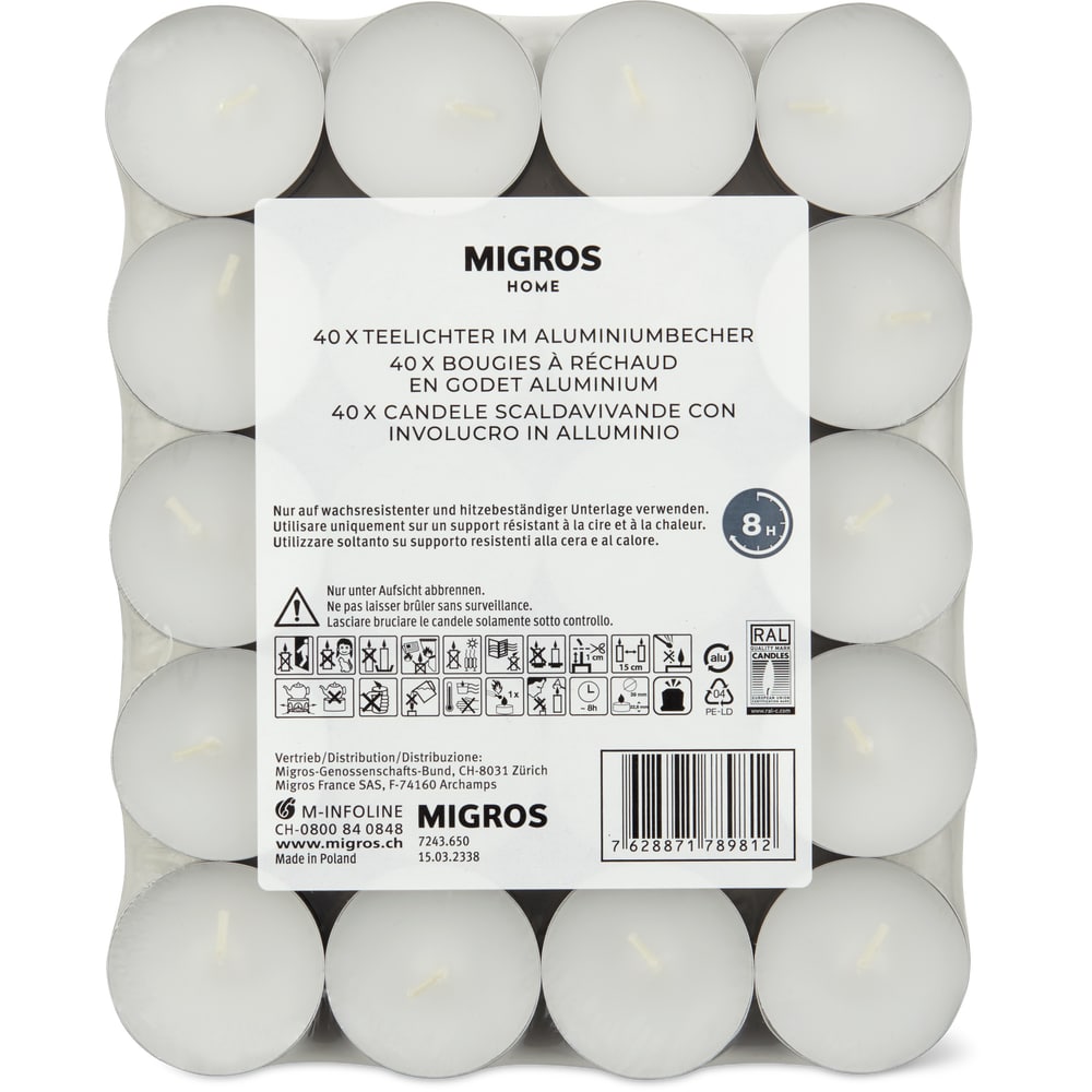 Migros Home Rechaud-Kerzen weiß, Aluminium, Paraffin- und Stearinmischung, 8h Brenndauer