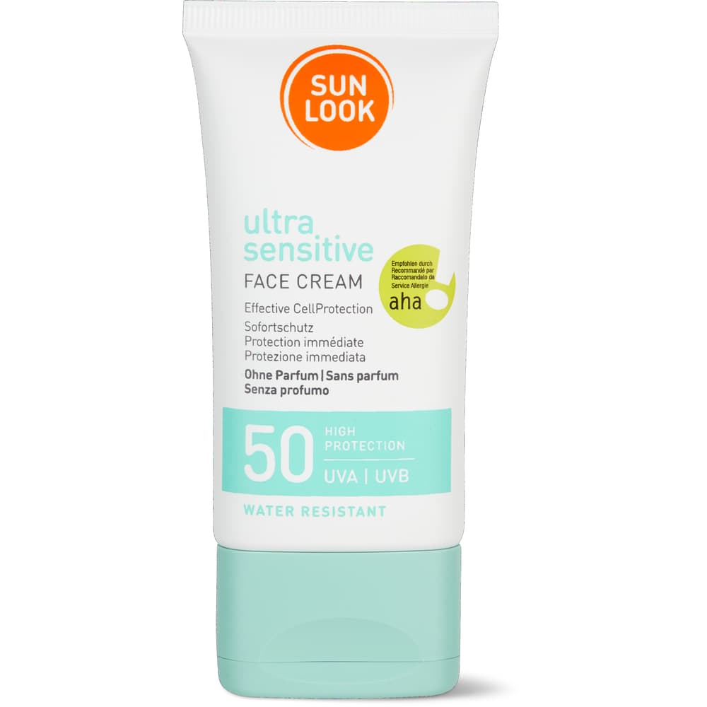 Sun Look Ultra Sensitive Sonnencreme für das Gesicht aha!, 50 UVA & UVB, sofortiger Schutz, wasserfest
