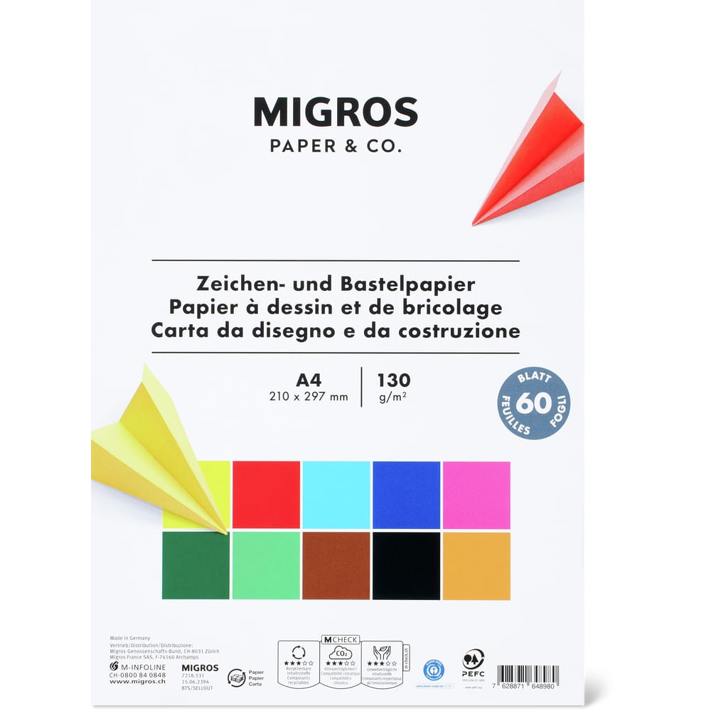 Migros Paper & Co. Zeichenpapier A4, bunt, 130 g, 60 Blatt
