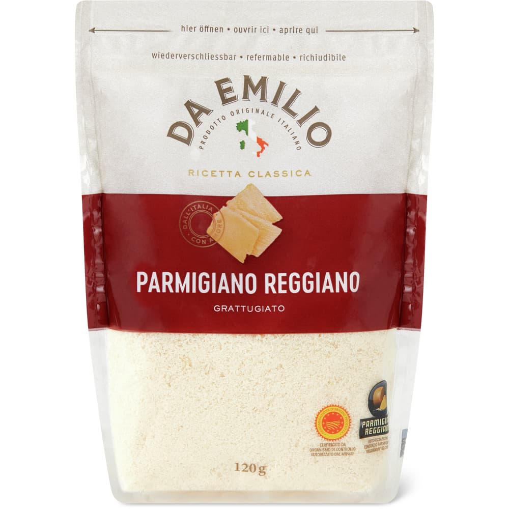 Da Emilio Parmigiano Reggiano Italienischer Extra-Hartkäse, dreiviertelfett, mit Rohmilch hergestellt gerieben