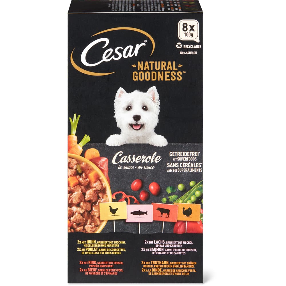 Cesar Natural Goodness Häppchen in Sauce Rind, Huhn, Lachs und Truthahn