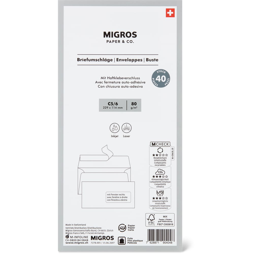 Migros Paper & Co. Briefumschläge C5/6 mit Fenster rechts & Haftklebeverschluss