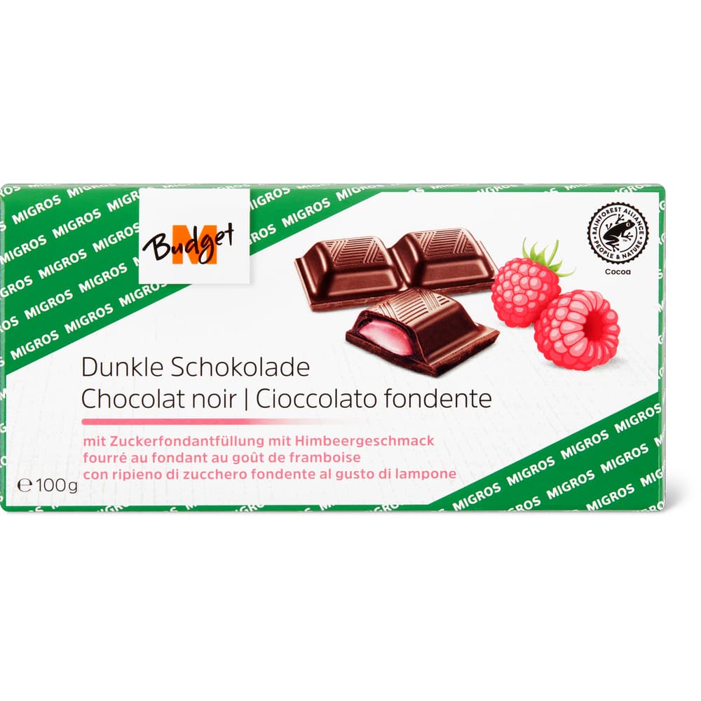 M-Budget Dunkle Tafelschokolade mit Zuckerfondantfüllung mit Himbeergeschmack