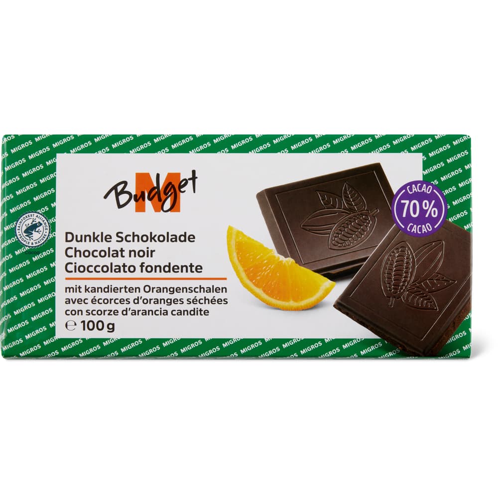 M-Budget Dunkle Schokolade 70% mit kandierten Orangenschalen