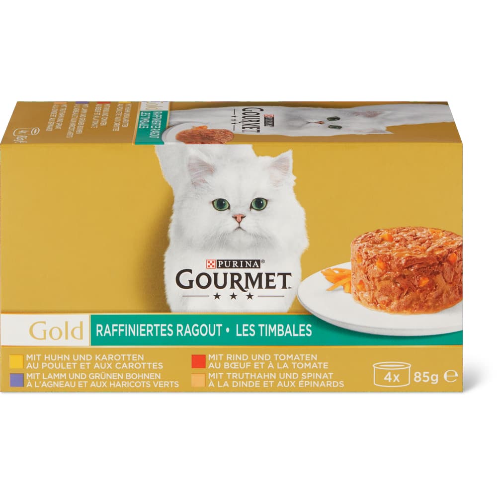 Gourmet Gold Raffiniertes Ragout Rind & Tomaten, Huhn & Karotten, Truthahn & Spinat, Lamm & grüne Bohnen