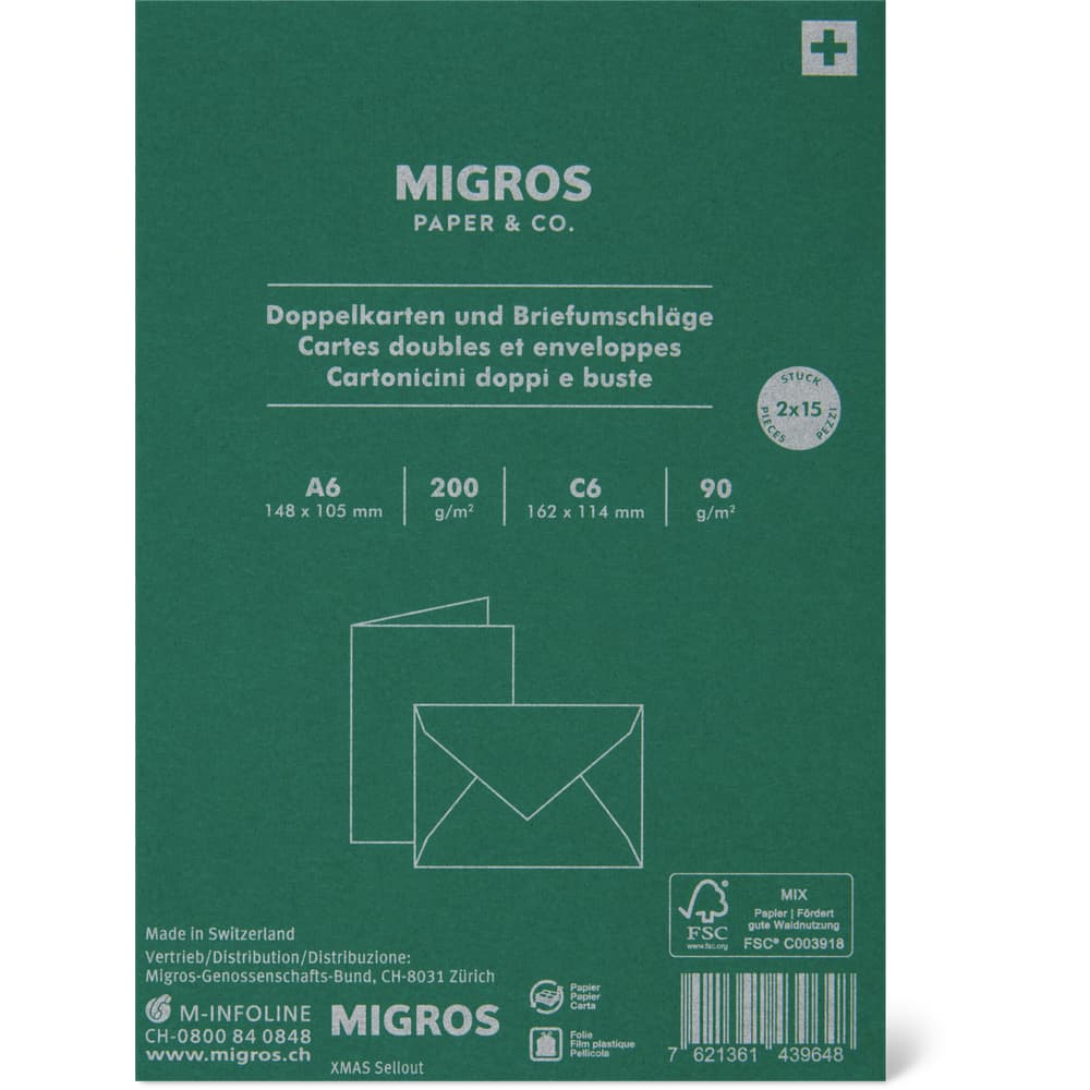 Migros Paper & Co. Bastelkarten A6/C6, Grün, inkl. Couvert
