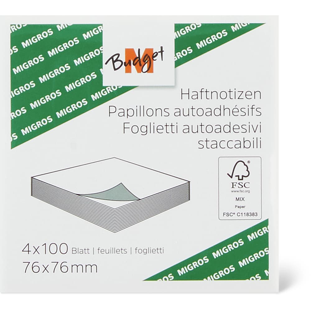 M-Budget Haftnotizen 76 x 76mm, 4 x 100 Blatt