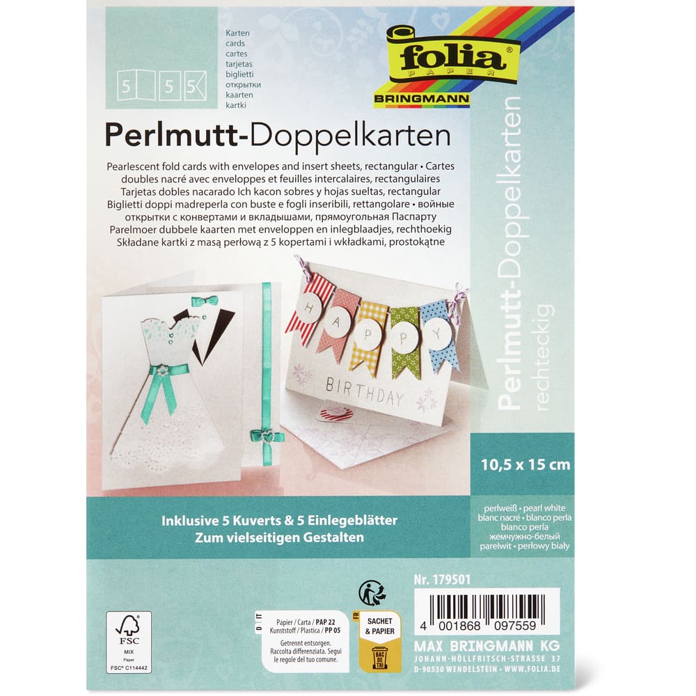 Folia 2308 Cartes De Sortie Blanches 110x170mm 300g/m² - Lot De 48 Cartes Avec 8 Motifs