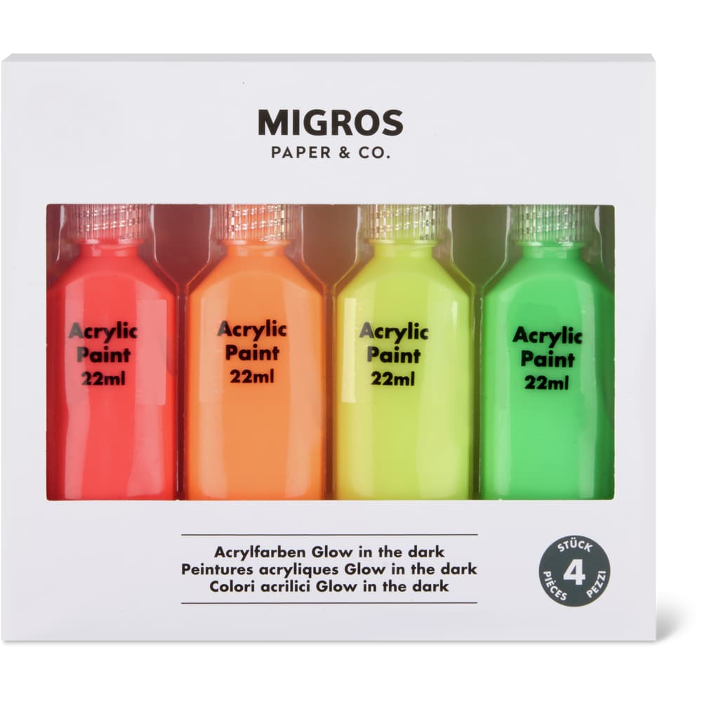 Migros Paper & Co. Acrylfarben 4 Stück, Glow in the dark