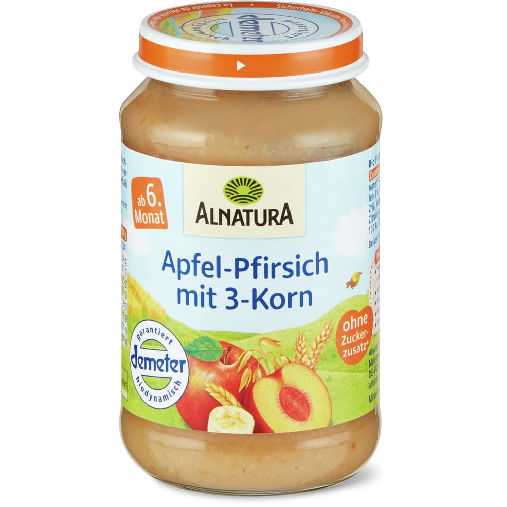 Alnatura Apfel Pfirsich mit 3-Korn Brei Bio, Demeter, ab 6. Monat, ohne Zuckerzusatz