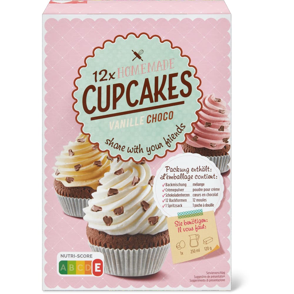 Homemade Backmischung für 12 Cupcakes Vanille-Arôma und Schokolade-Herzen