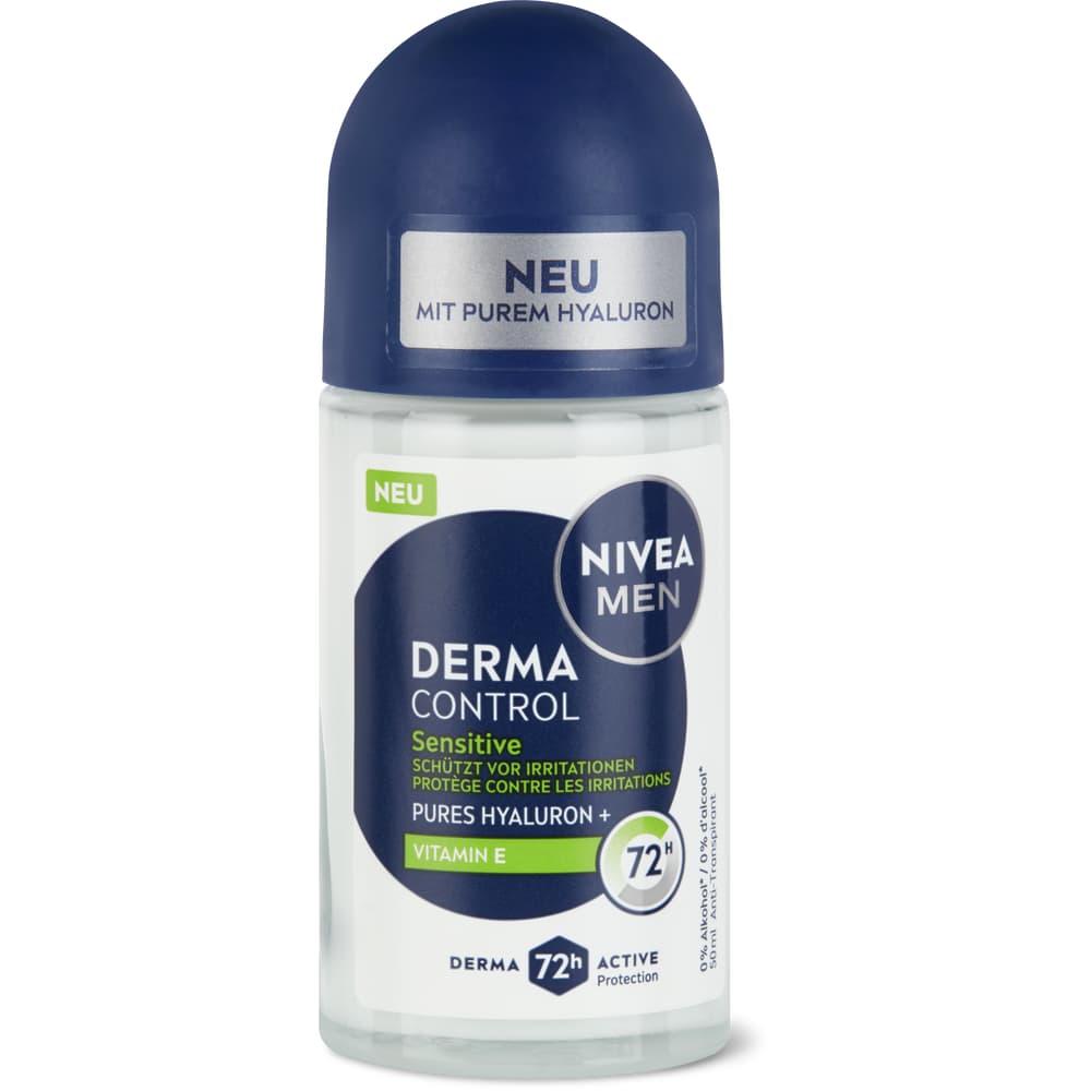 Nivea Men Deo Roll-on Derma Control Sensitive 72h, 0% Alkohol, Anti-Transpirant, Vitamin E