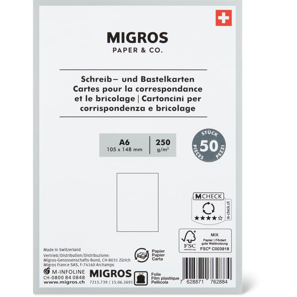 Migros Paper & Co. Schreib- und Bastelkarten A6, 105 x 148mm, 250g/m2