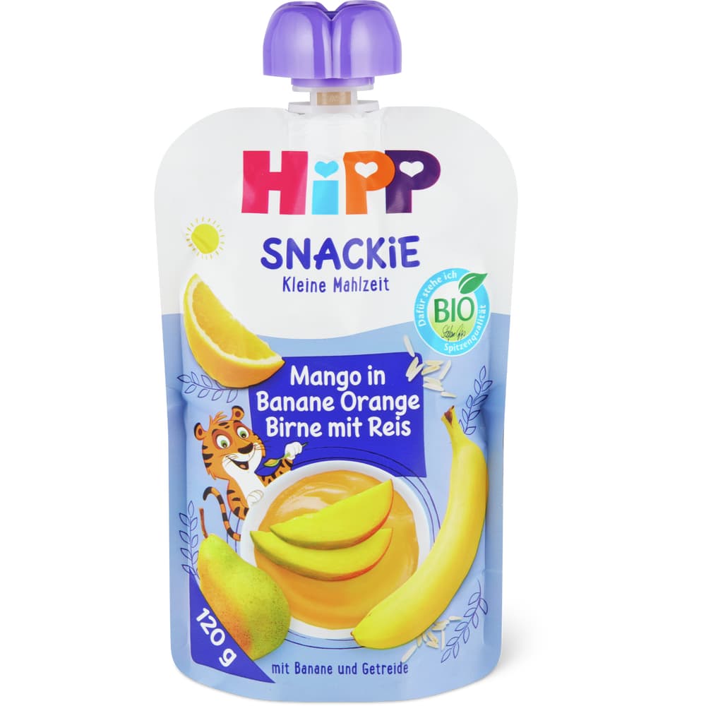 Hipp Quetschbeutel Mango in Banane, Orange, Birne & Reis Bio, ab 1 Jahr, ohne Zuckerzusatz