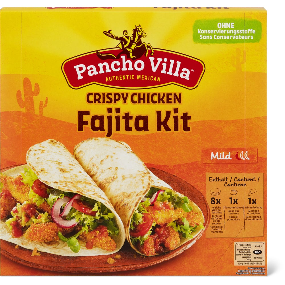 Pancho Villa Crispy Chicken Fajita Kit - Mild 8 weiche Weizentortillas + 1 Beutel milde Salsa + 1 Beutel Würzmischung mit Croûtons