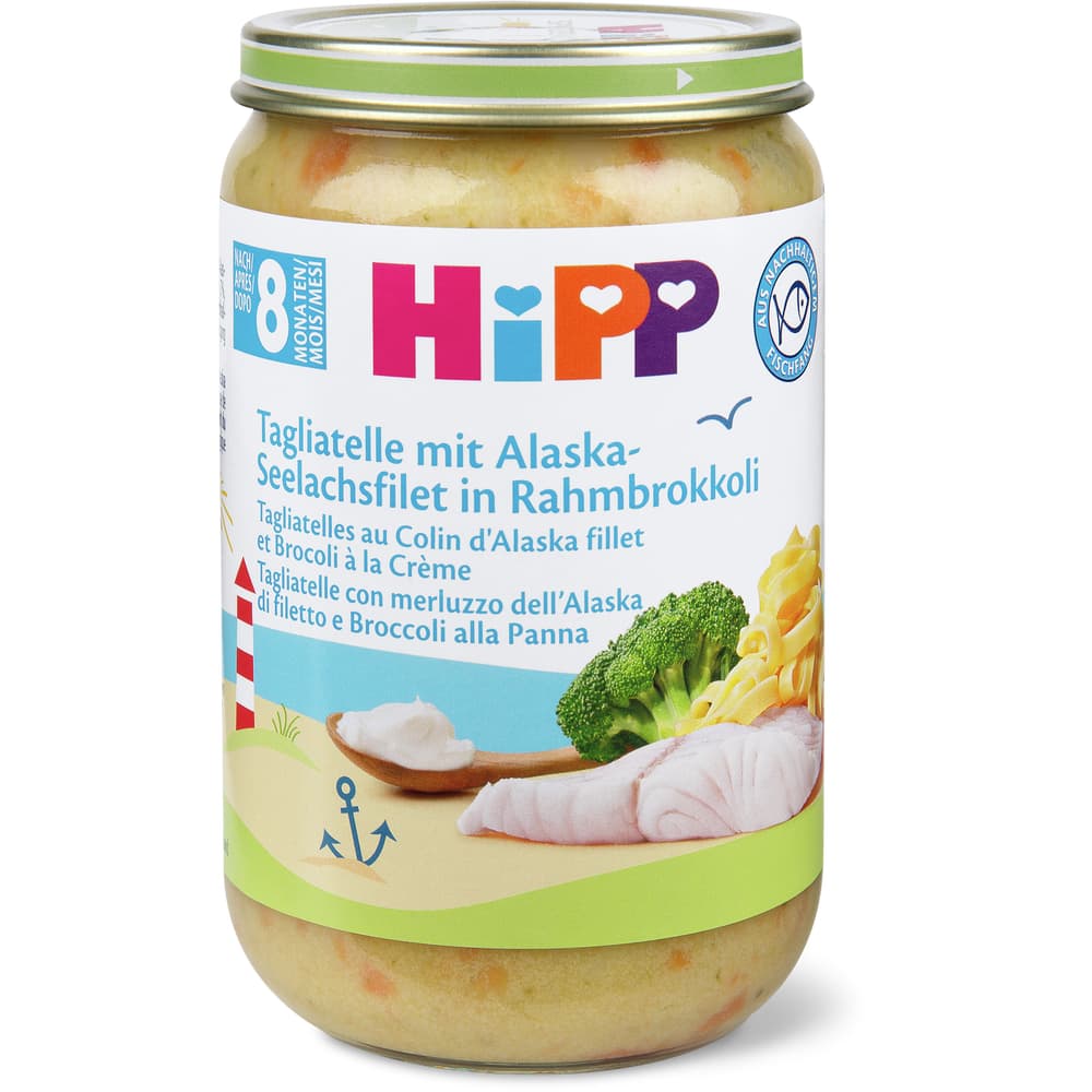 Hipp Tagliatelle mit Seelachsfilet in Rahmbrokkoli Bio, nach 8 Monaten