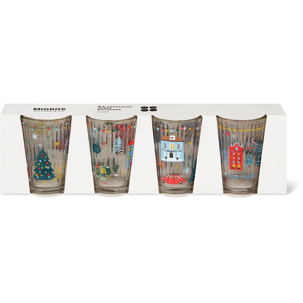 Migros Kitchen & Co. Wasserglas Longdrink mit Weihnachtsmuster 4er Set 50cl, assortiert