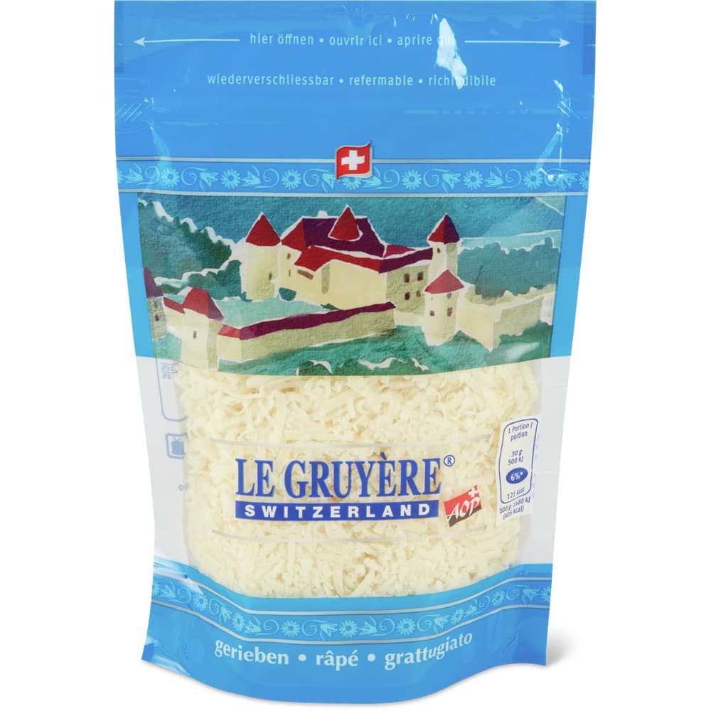 Le Gruyère AOP · Schweizer Hartkäse, vollfett, mit Rohmilch · gerieben